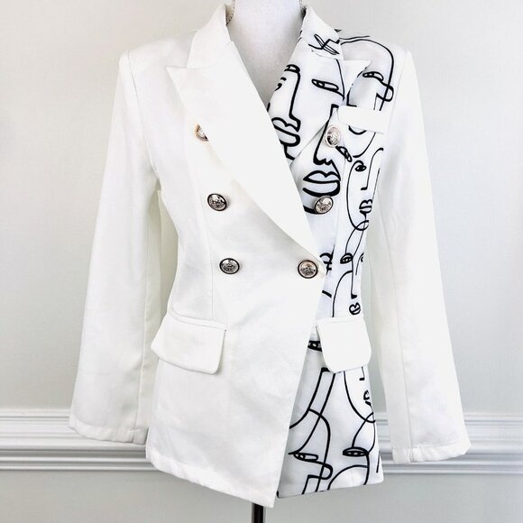 *New* Koandaily Black & White Faces Art Deco Wearable Art Blazer Jacket Sz Small - Picture 2 of 11